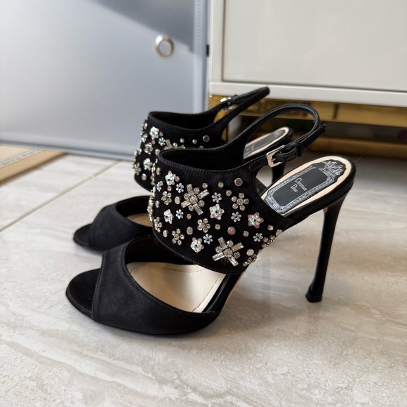 Dior Shoes - Authentic Dior Black Satin Crystal Embellished Ankle Strap Sandals Size 35.5